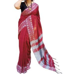 Handloom Cotton Silk Saree with white embroidery - Red